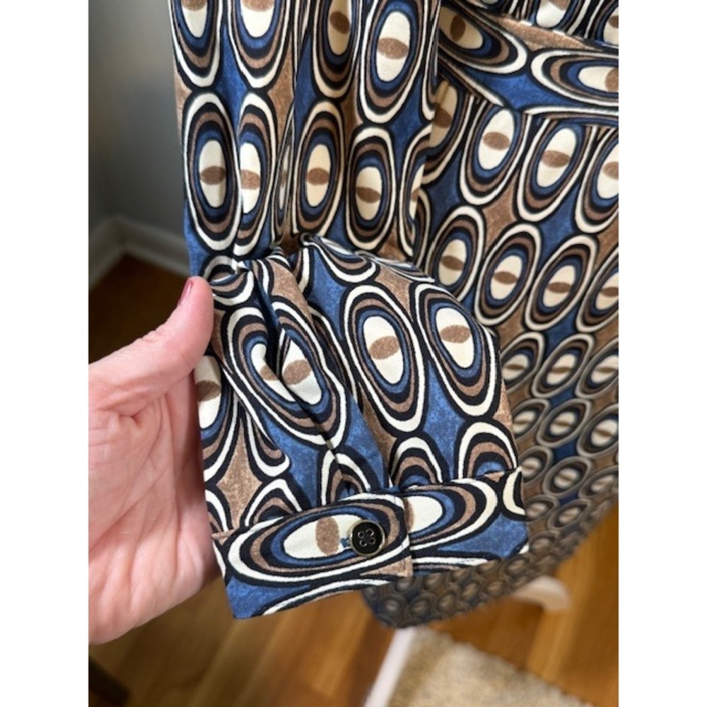 J McLaughlin Catalina Cloth Belted Shirt Dress M Geometric Retro Print Navy - Picture 7 of 11